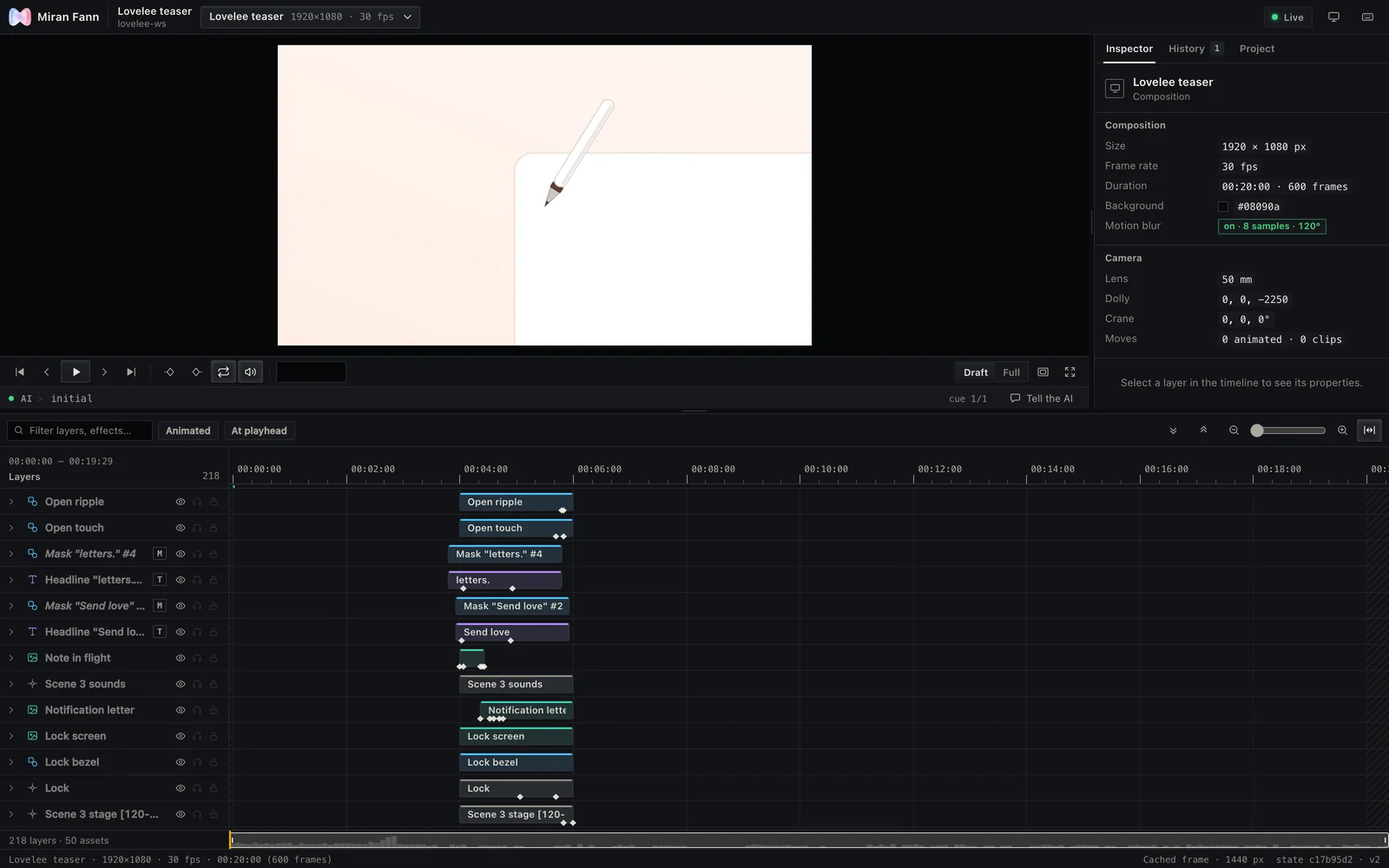 The Miran viewer with the Lovelee teaser open: the preview, the composition settings, and a timeline of 218 layers with their keyframes.